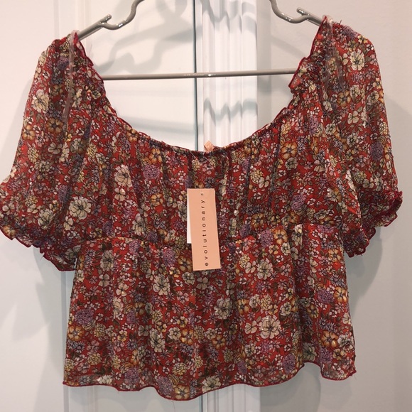 Orange Floral Print Pearl Button Keyhole Long Puff Sleeve Blouse main image 0